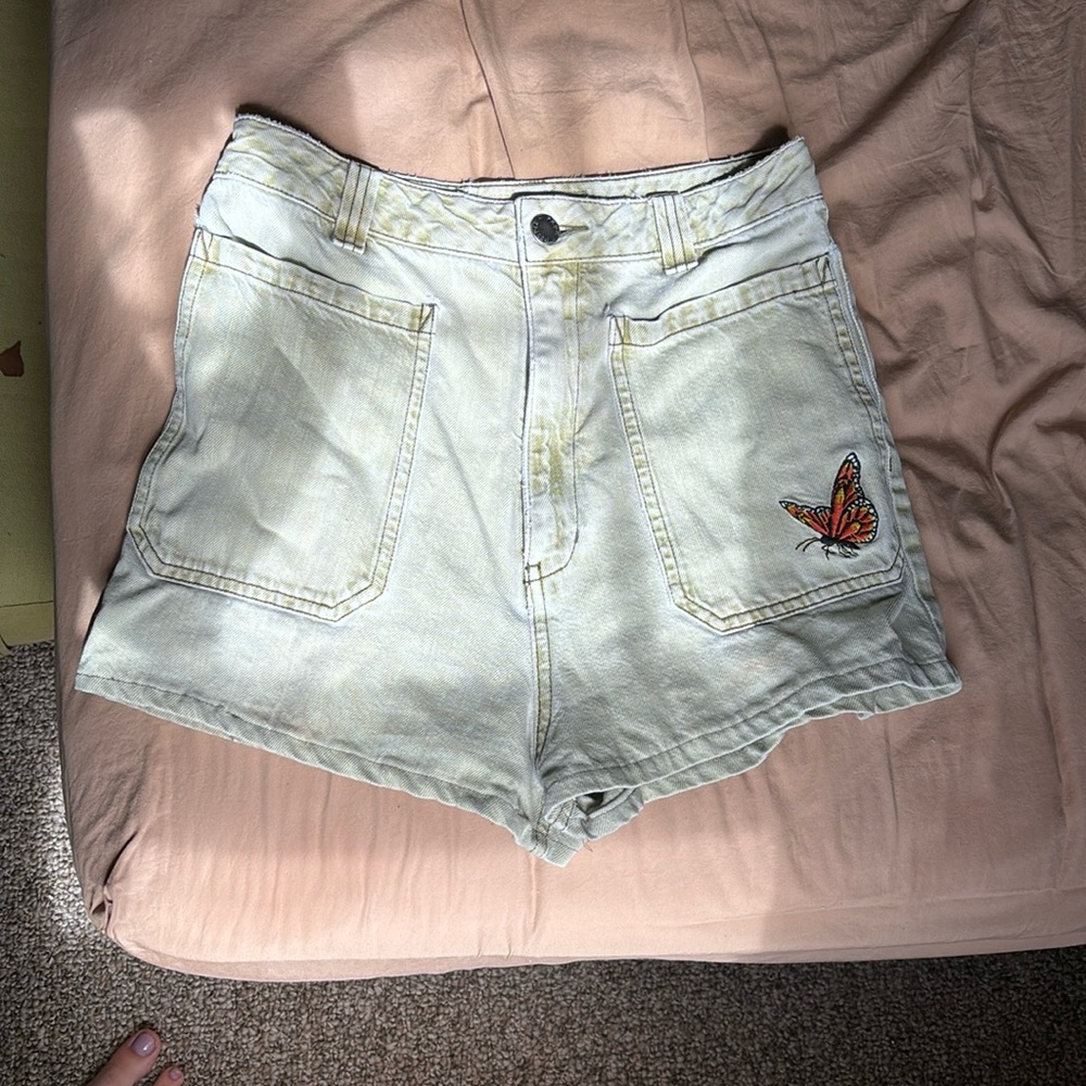 Free People green shorts with butterfly embroidery